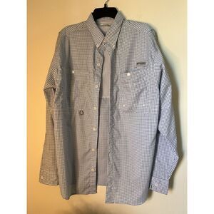 Columbia Performance Fishing Gear Omni Shade Shirt Men's XL Blue White Gingham